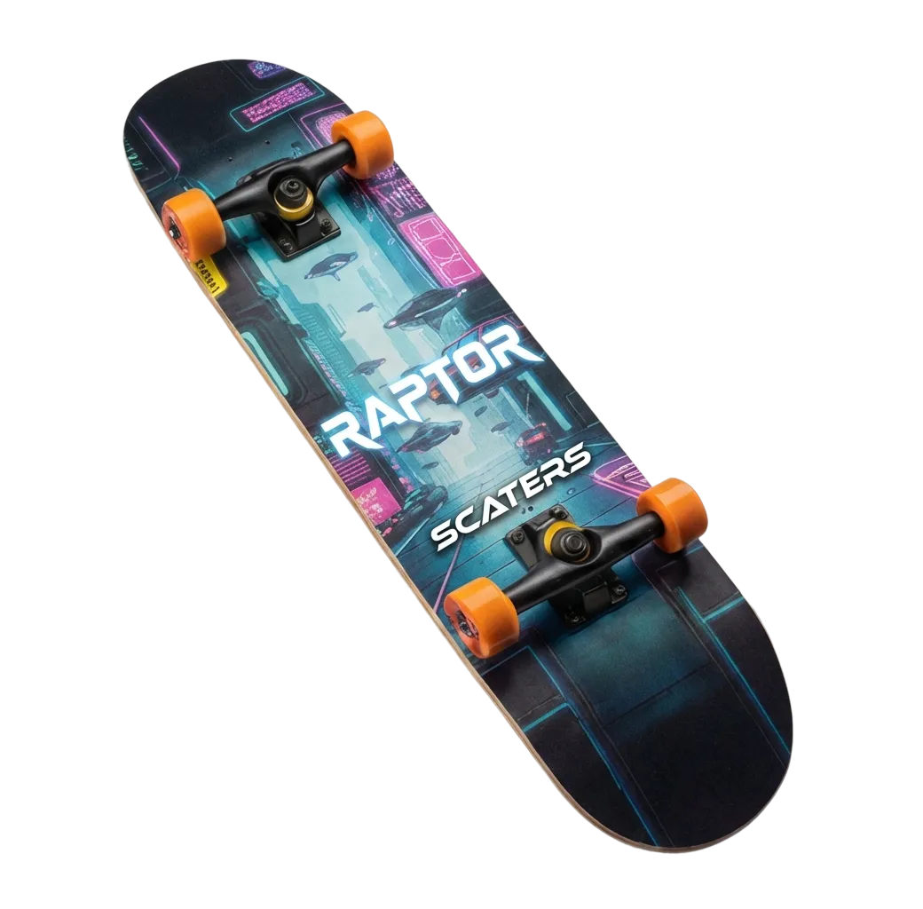 Scaters Raptor 2026 Skateboard - Complete Deck with Carbon Fiber Technology, Orange Wheels and Futuristic Cyberpunk Graphics
